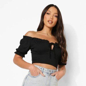 Boohoo Black Bandage Peasant Crop Top - Size 4 -NWOT